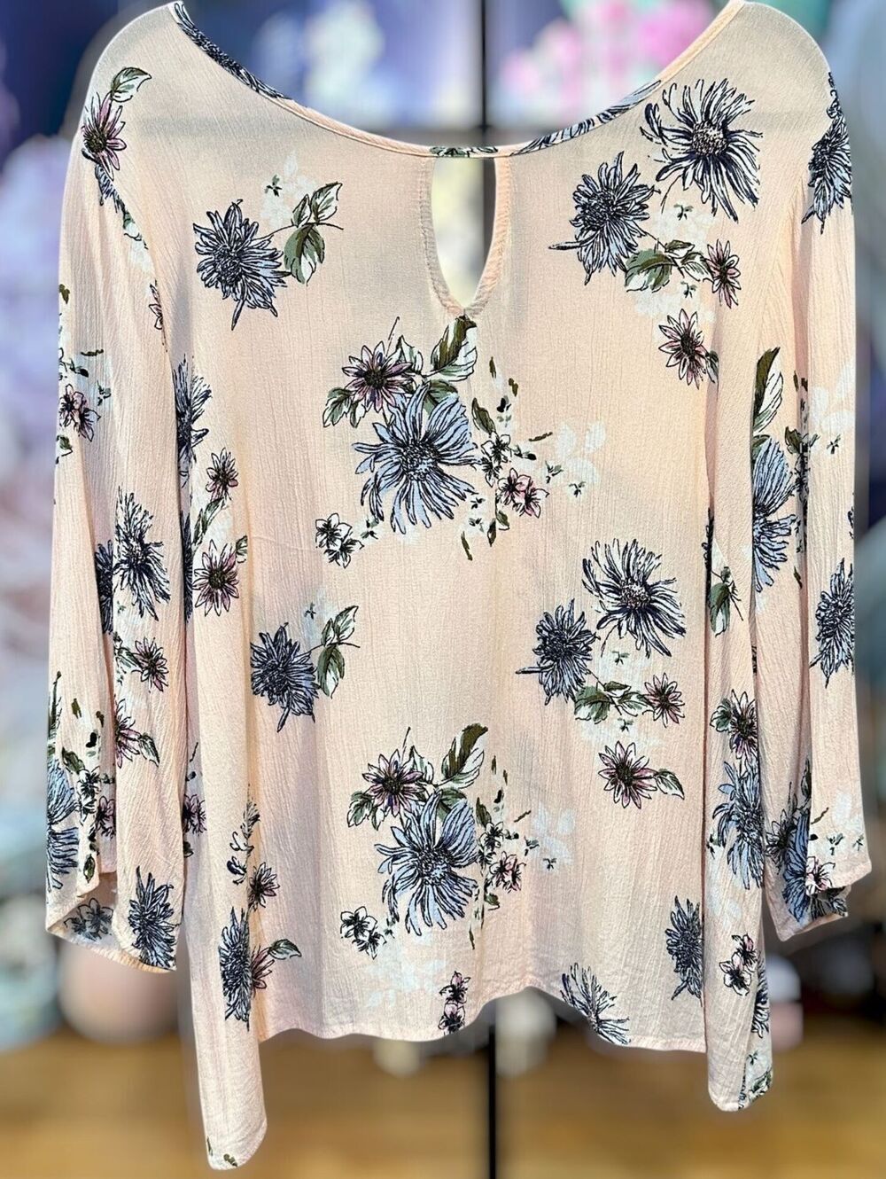 Papermoon 1X Pink Floral Blouse 3/4 Sleeve Keyhole Cottagecore Romantic Boho